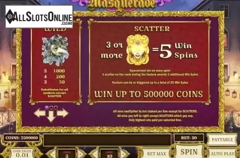 Paytable 1. Royal Masquerade (Play'n Go) from Play'n Go