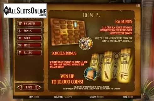 Paytable 2. Scrolls of RA from iSoftBet