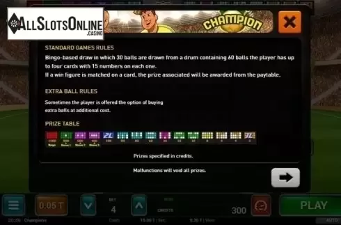 Paytable. Champion Bingo from MGA