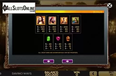 Paytable . DaVinci Ways from High 5 Games