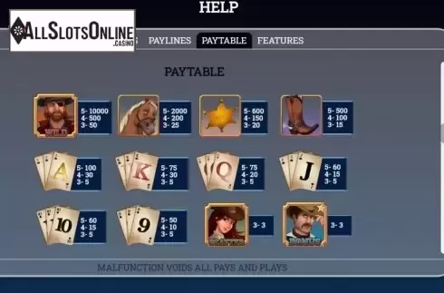 Paytable screen 1. Dodge City from Arrows Edge
