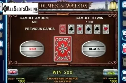 Gamble game screen . Holmes Watson Deluxe from Novomatic