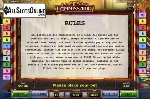 Paytable 3. Il Commissario from Greentube