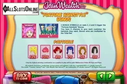 Paytable 4. Jean Wealth from Leander Games