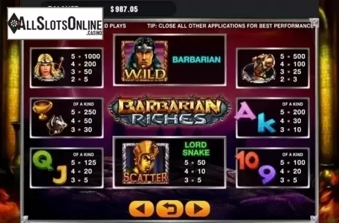 Paytable. Barbarian Riches from GMW