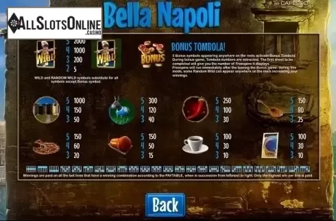 Paytable. Bella Napoli from Capecod Gaming