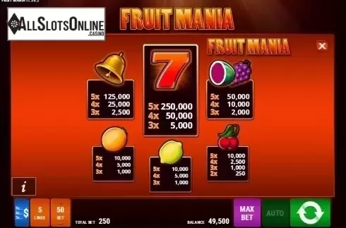 Paytable 1. Fruit Mania (Bally Wulff) from Gamomat