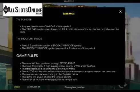 Game Feature / Rules screen