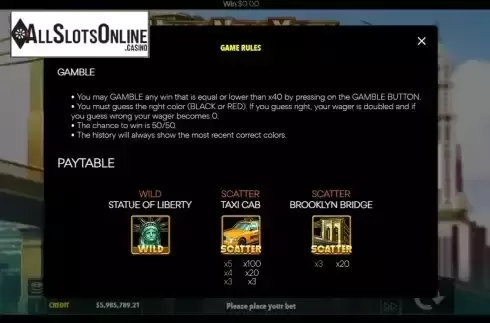Game Feature / Pay Table screen
