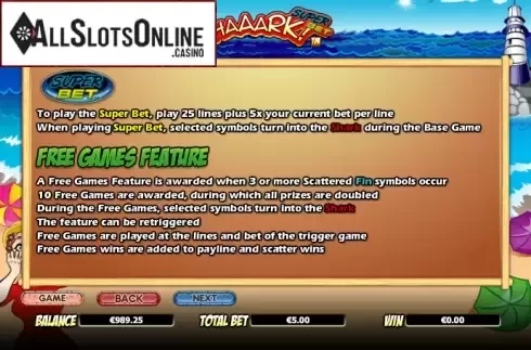 Paytable 4. Shaaark! Superbet from NextGen