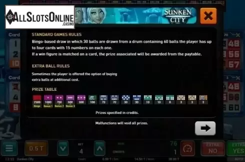 Paytable. Sunken City Bingo from MGA