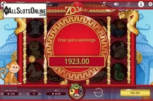 Free spins total win screen. Zoodiac from Booming Games