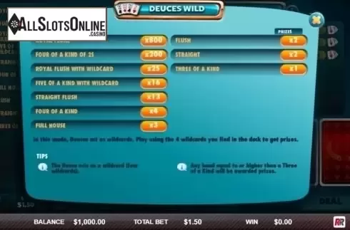 Paytable. Deuces Wild (Red Rake) from Red Rake