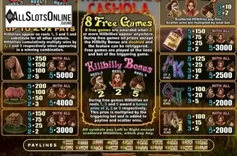 Paytable. Hillbillies Cashola from RTG
