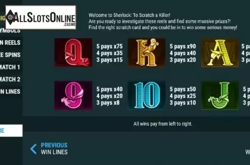 Paytable. Sherlock to Scratch a Killer from Slot Factory