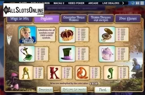 Paytable 2. Adventures beyond Wonderland from SUNFOX Games