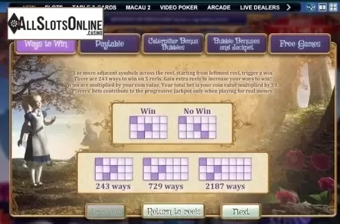 Paytable 1. Adventures beyond Wonderland from SUNFOX Games