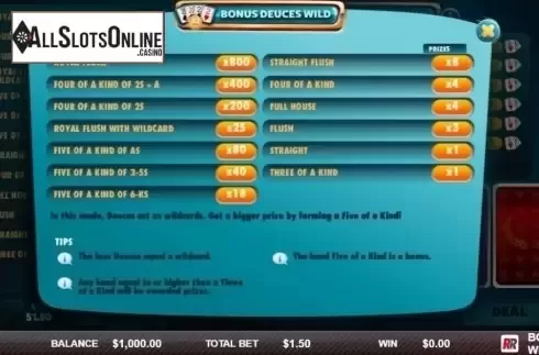 Paytable. Bonus Deuces Wild (Red Rake) from Red Rake