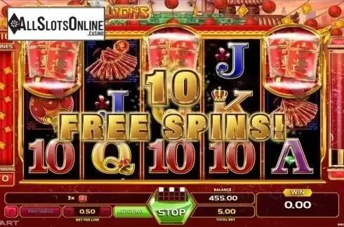 Free spins intro screen. Dancing Lions from GameArt