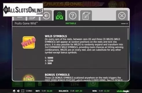 Paytable 1. Fruits Gone Wild from StakeLogic