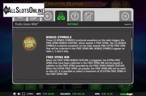Paytable 2. Fruits Gone Wild from StakeLogic