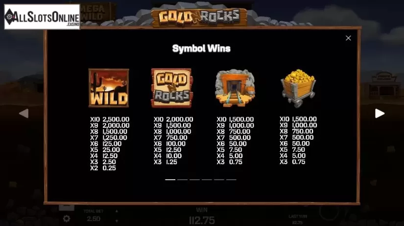 Paytable screen. Gold 'N' Rocks from Golden Rock Studios
