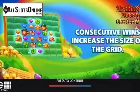 Start Screen. Rainbow Riches Cluster Magic from Barcrest