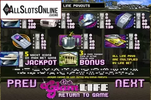 Paytable 1. The Glam Life from Betsoft