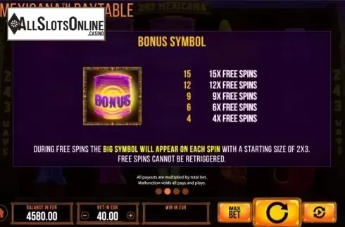 Bonus symbol screen. 243 Mexicana from SYNOT