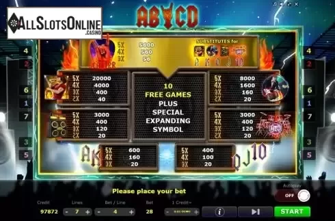 Paytable screen. AB-CD from Five Men Games