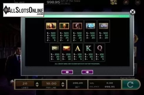 Paytable. Art of the Steal from High 5 Games