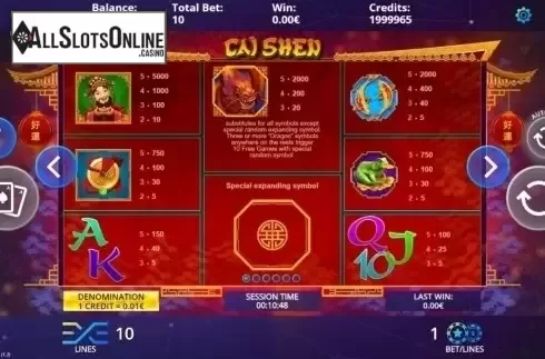 Paytable. Cai Shen from DLV