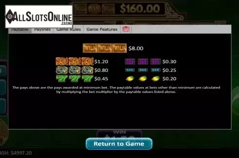 Paytable screen