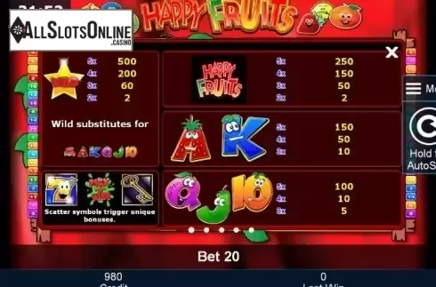 Paytable 1. Happy Fruits from Greentube