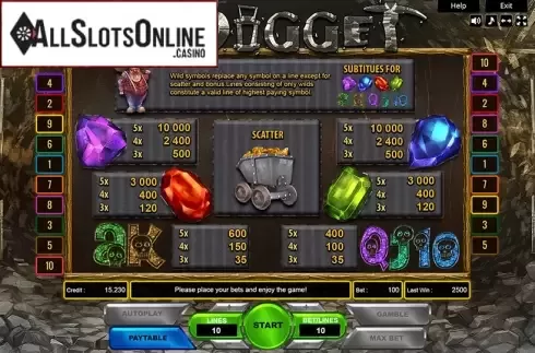 Paytable. Jewel Digger from Platin Gaming
