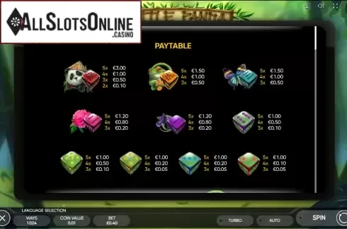 Paytable screen. Little Panda Dice from Endorphina