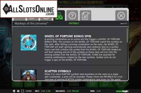 Paytable 1. Monkeys of the Universe from StakeLogic