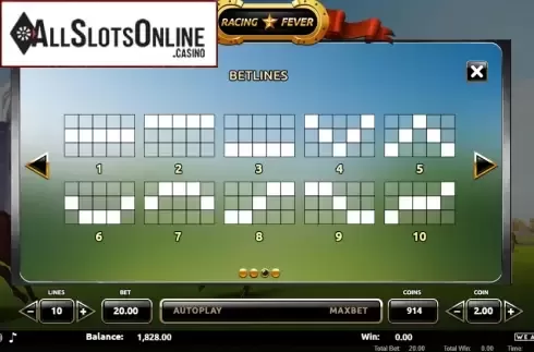 Paytable. Racing Fever from We Are Casino