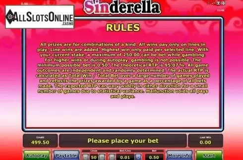 Paytable 4. Sinderella from Greentube