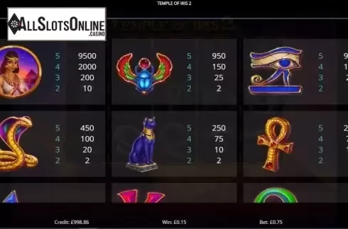 Paytable screen 1. Temple of Iris 2 from Eyecon