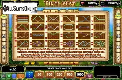 Paylines screen