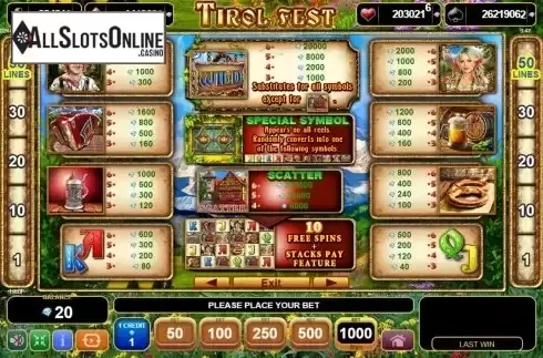 Paytable screen