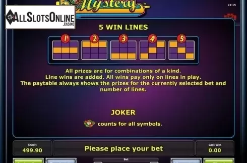 Paytable 2. 5 Line Mystery from Greentube