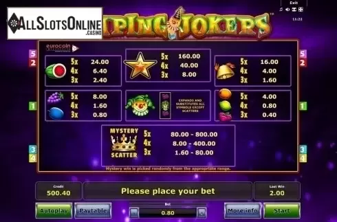 Paytable . Jumping Jokers from Greentube