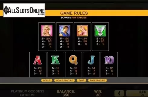 Symbols. Platinum Goddess Extreme from High 5 Games