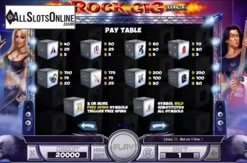 Paytable screen. Rock Gig Dice from Mancala Gaming