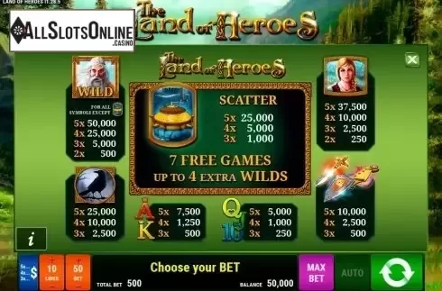 Paytable. The Land of Heroes from Bally Wulff