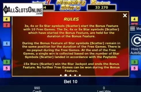 Paytable 2. Amazing Stars from Greentube