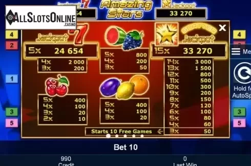 Paytable 1. Amazing Stars from Greentube