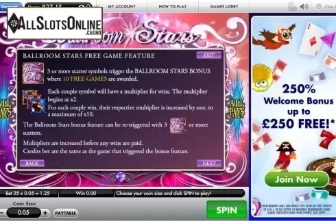 Paytable 2. Ballroom Stars from Gamesys